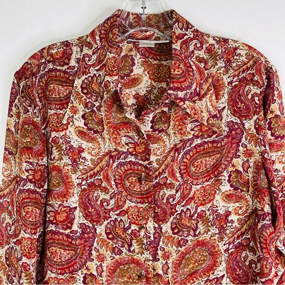 The Limited orange cream floral paisley boho semi sheer button front top small - Picture 2 of 7